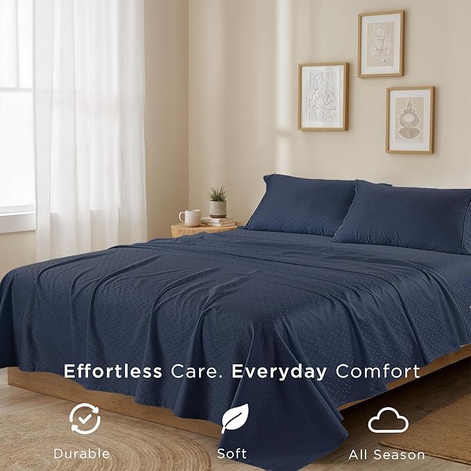 Threadmill Cotton Full Size Sheet Set | 100% Cotton Sheets for Full Size Bed | Damask Jacquard Full Bed Sheets Set with 16” Deep Pocket | Soft Sateen Weave 4-Piece Cooling Bedding Set | Folkstone Blue