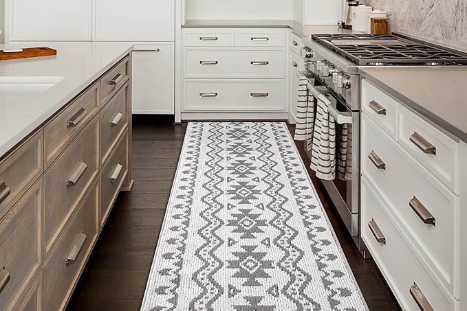 Custom Size Southwestern Style Runner Rug Mat for Wide Hallway Entryway Kitchen Laundry Room with Slip Resistant Latex Rubber Backing, Aztec Light Grey, 31 inch X 15 feet