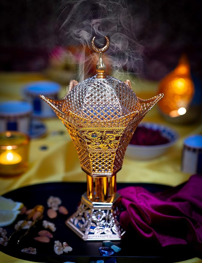AM Bakhoor Charcoal Incense Burner – Luxury Gold Frankincense Resin Burner for Oud, Bakhoor, Incense Sticks & Cones – Decorative Metal Holder with Removable Lid & Safe Flame Control (Gold)