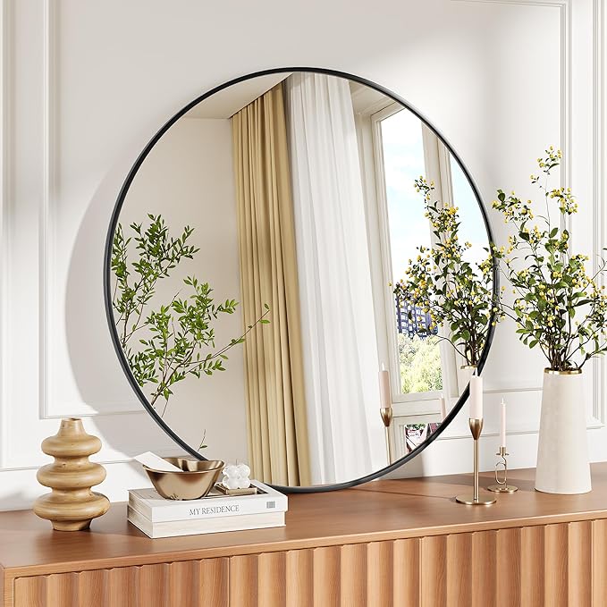 18 Inch Black Round Wall Mirror, Circle Mirror Metal Frame for Bathroom, Vanity, Entryway, Bedroom, Living Room, Wall Mounted Modern Rustic Decor