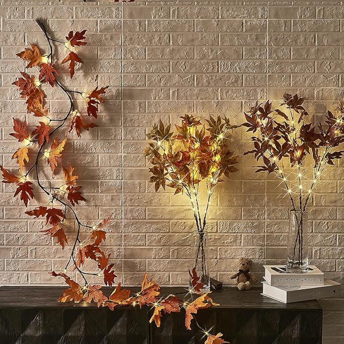 Hairui Lighted Maple Leaf Garland with Timer 6FT 24 Warm White LED, Fall Garland with Lights Battery Operated for Thanksgiving Harvest Christmas Wedding Decoration Indoor Outdoor