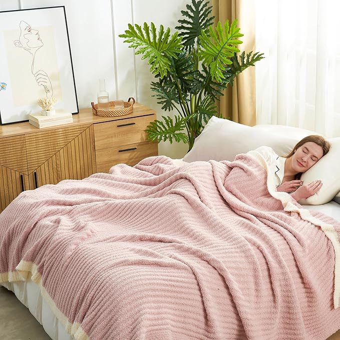 Snuggle Sac Luxury King Size Blanket for Bed, Cozy Soft Fuzzy Microfiber Knit Stripe Bedding Blankets, Pink, 108x90 inches