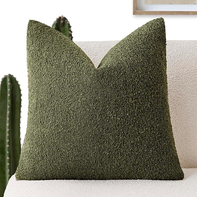 Foindtower Decorative Textured Boucle Throw Pillow Covers Accent Solid Pillow Cases Neutral Soft Cozy Couch Cushion Case for Chair Sofa Bedroom Living Room Home Decor 18x18 Inch,1PC,Moss Green