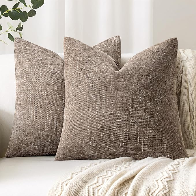 Woaboy Set of 2 Textured Throw Pillow Covers Decorative Soft Accent Square Chenille Pillowcases Neutral Farmhouse Cushions Modern Home Decor for Couch Sofa Bedroom Living Room 24x24 Inch, Taupe Gray