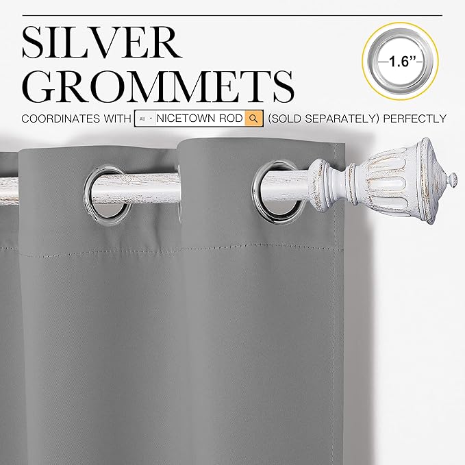 NICETOWN Bedroom Curtains Blackout Drapery Panels, Three Pass Microfiber Thermal Insulated Solid Ring Top Blackout Window Curtains/Drapes (Two Panels, 34 x 84 inches, Silver Grey)