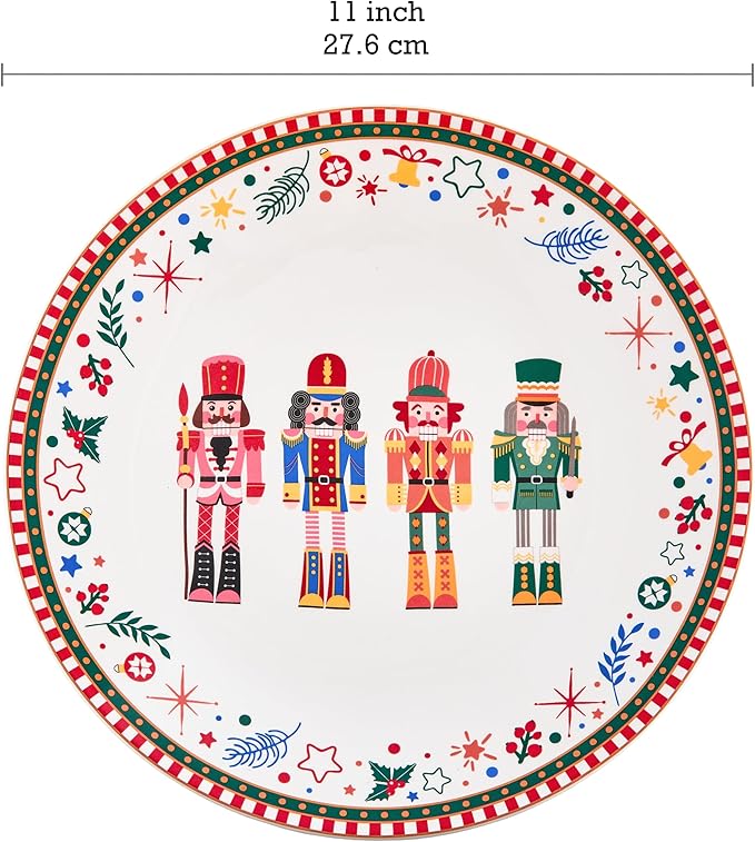 Bico Christmas Soldier Dinner Plates Set of 4, 11 Inch Large Ceramic Plates for Pasta, Steak, Stylish Serving Dishes, Microwave and Dishwasher Safe, Gift for Housewarming and Christmas