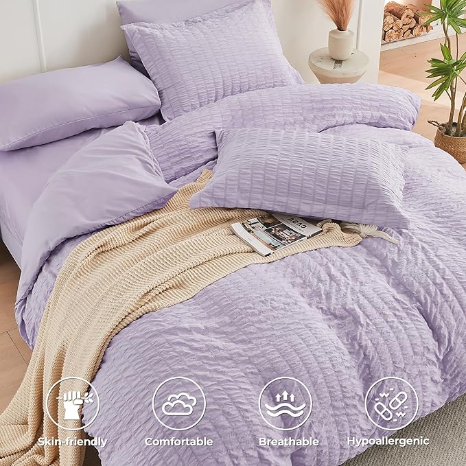 HYMOKEGE Lavender Queen Comforter Set Seersucker 7 Pieces, All Season Luxury Bed in a Bag for Bedroom, Bedding Set with Comforters, Sheets, Pillowcases & Shams