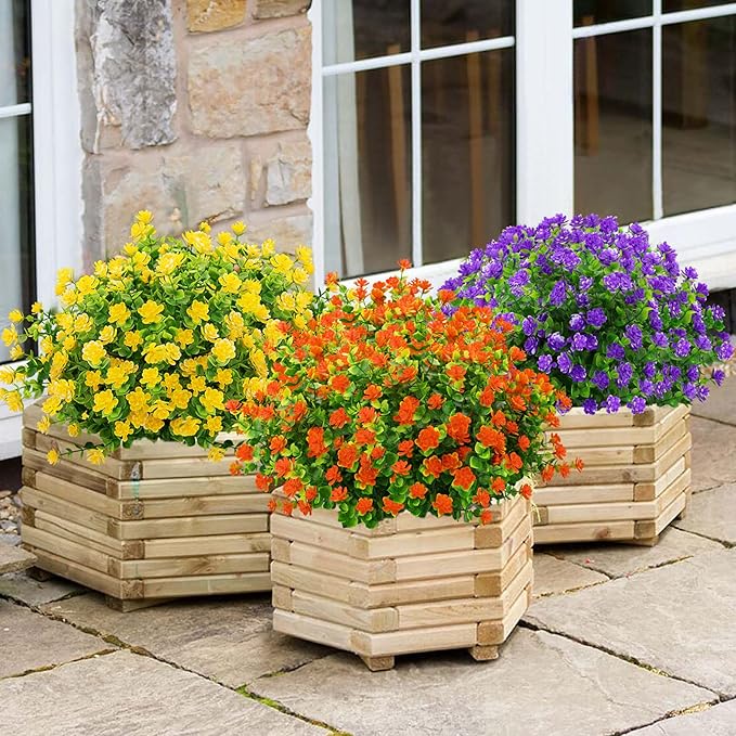 GREENRAIN Artificial Flowers Outdoor Fake Flowers for Decoration UV Resistant No Fade Faux Plastic Plants Garden Porch Window Box Décor (6 Bundles, 2#Yellow)