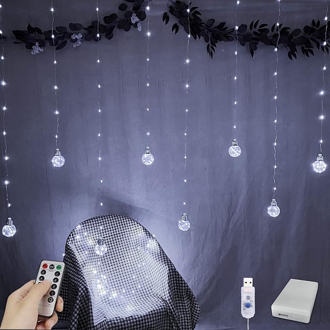 YOLIGHT Wishing Ball Curtain Lights 200 LED Window Curtain String Lights with Remote, USB Battery Powered Twinkle Globe Fairy Lights for Wedding Party Bedroom Halloween Christmas Decoration (White)
