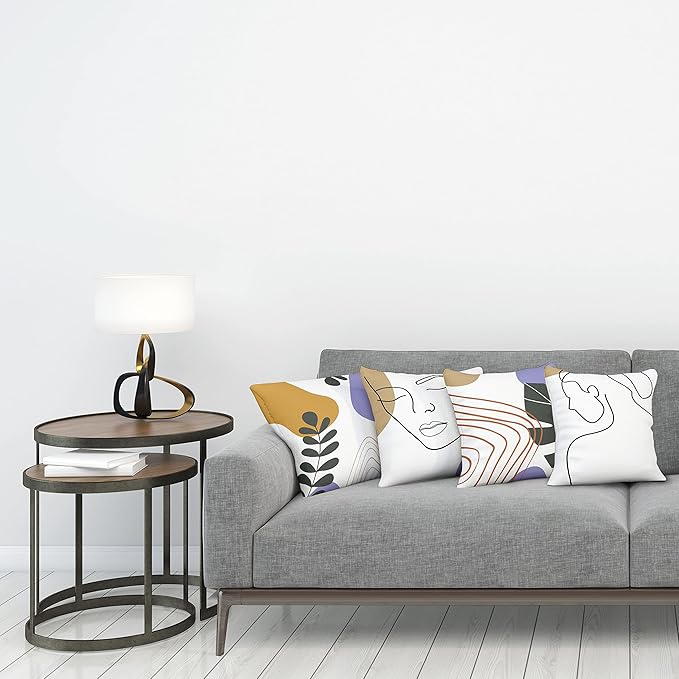 Ambesonne Minimal Throw Pillow Cushion Case Pack of 4, Modern Line Art Woman Portrait with Contemporary Leafy Geometric Details, Modern Accent Double-Sided Digital Printing, 18", Tan Amber Lavender