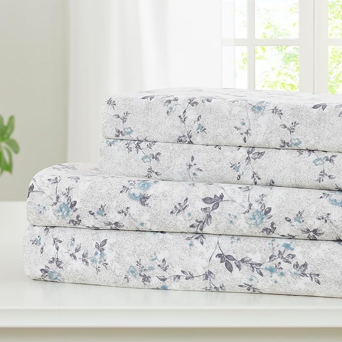 Modern Threads Silky Soft Microfiber and Wrinkle Free Sheets - Luxurious Microfiber Bed Sheets Includes Flat Sheet, Fitted Sheet with Deep Pockets, & Pillowcases Kashmir Rose Blue, Queen