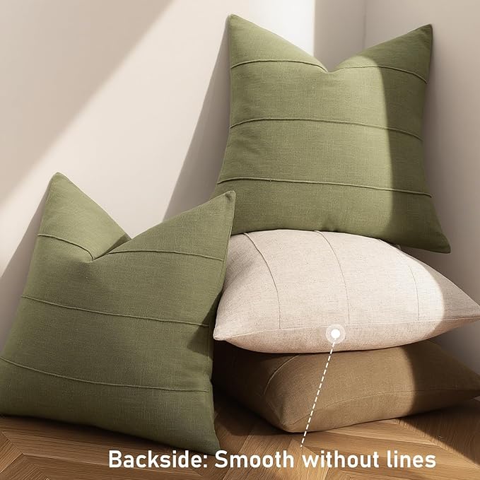 Decorative Linen Throw Pillow Covers 18x18 Set of 2 Solid handcrafted Striped Cushion Covers for Bed Soft Modern Farmhouse Neutral Pillowcase for Couch Bedroom Living Room Home Decor(Olive Green)