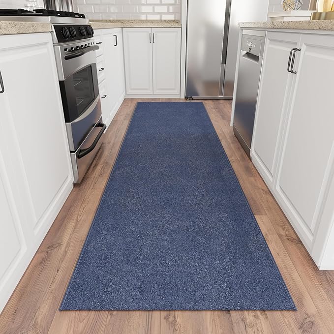 Ottomanson 2' x 52' Ultra-Thin Hallway Runner Rug - Durable Non-Slip Carpet for High-Traffic Areas - Fits Under Doors for Seamless Entry - Ideal for Kitchen, Entryway, Bedroom & Living Room, Navy