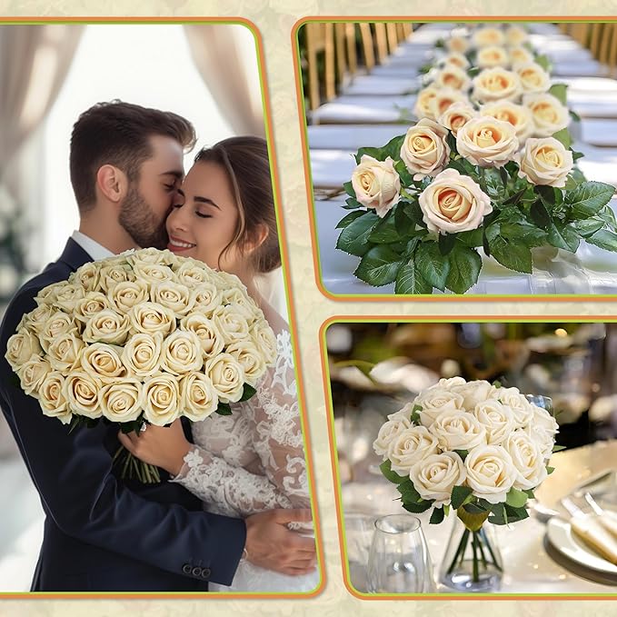50 PCS Fake Champagne Roses, Artificial Flowers Bulk Realistic Silk Faux Rose with Stems for Wedding Decorations, Bridal Bouquets, Mother's Day Thanksgiving DIY Floral and Home Decor