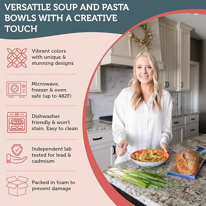 Annovero Pasta Bowls - Bowl Plates for Serving Soup, Salad, Dinner - Decorative Colorful Porcelain for Kitchen - Microwave, Dishwasher, Oven Safe - Zero Lead & Cadmium - 42 Oz - Set of 6
