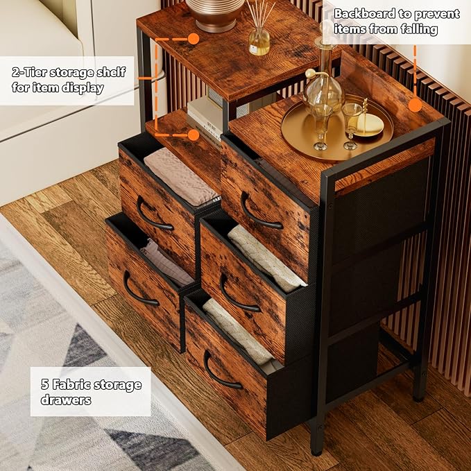 Furnulem 5 Drawer Rustic Brown Dressers for Bedroom 2 Tier Shelf Storage Small Fabric Dresser for Closet Sturdy Metal Frame Modern Style Storage Cabinets Organization Units for Hallway Rooms