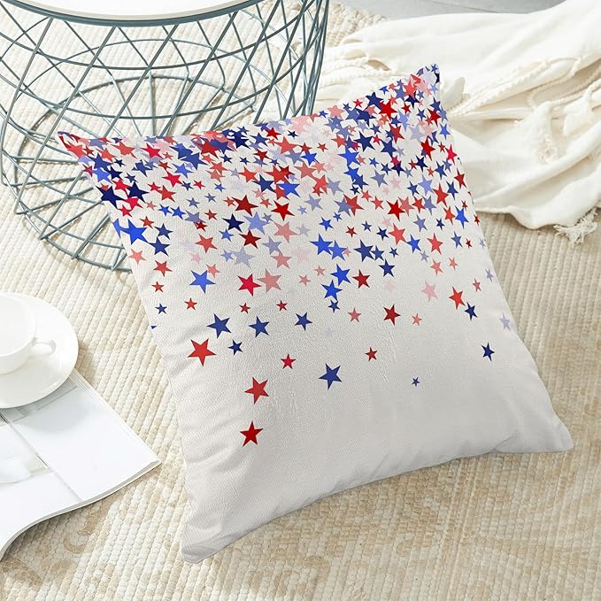 4th of July Pillow Covers 20 x 20 Inch, Red Blue White Patriotic Star Outdoor Decor Throw Pillows for Couch Bed, Independence Day Memorial Day Decorative Pillowcase Linen Cushion Cover Set of 2