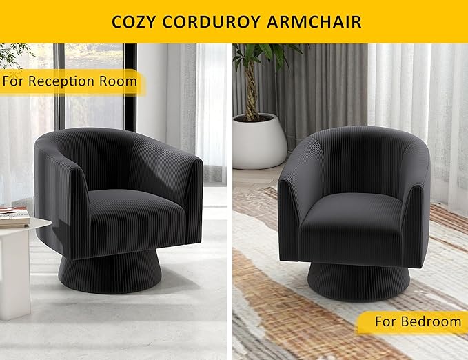 Swivel Accent Chair, Modern 360° Barrel Chair, Corduroy Upholstered Single Sofa for Living Room, Bedroom(Black)