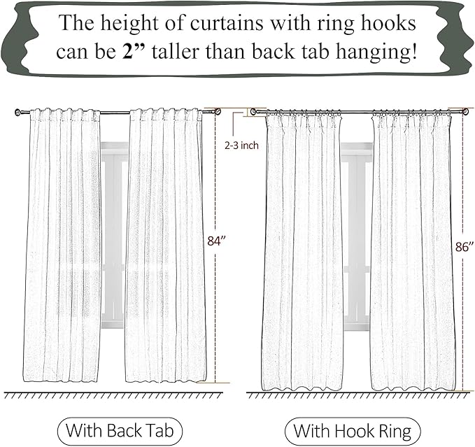 White Sheer Linen Pinch Pleated Sliding Door Curtains, 2x50 Inches Width, Cotton Look Light Filtering Drapes 102 Inches Long, Soft Textured Farmhouse Floor to Ceiling Window Curtain Panels