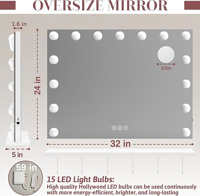 32"x24" Hollywood Vanity Mirror with Lights, 18 Dimmable LED Bulbs, 3 Color Modes, 10X Magnification, USB Charging Port, Tabletop or Wall-Mounted