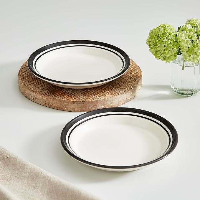 Portmeirion Potter's Striped Dinner Plate (Set of 4) - 8-Inch Stackable Earthenware Plates - Microwave & Dishwasher Safe, Handcrafted Dinnerware for Casual & Formal Table Settings (Black Stripe)