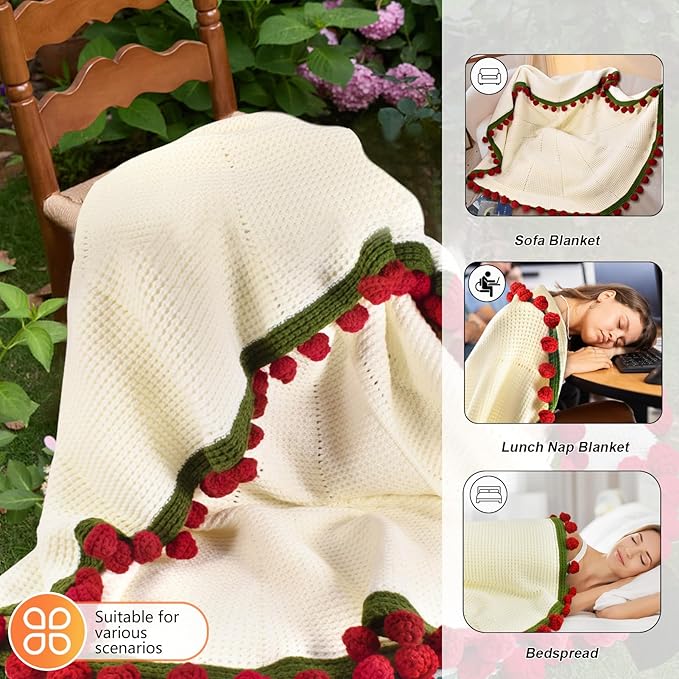 51" Handmade Crochet Rose Flower Bouquet Blanket, Soft Chunky Knit Throw Blanket for Sofa Couch Bed, Christmas Birthday Gifts for Her Wife Girlfriend Mom Grandma, Women Decorative Giftable Blankets