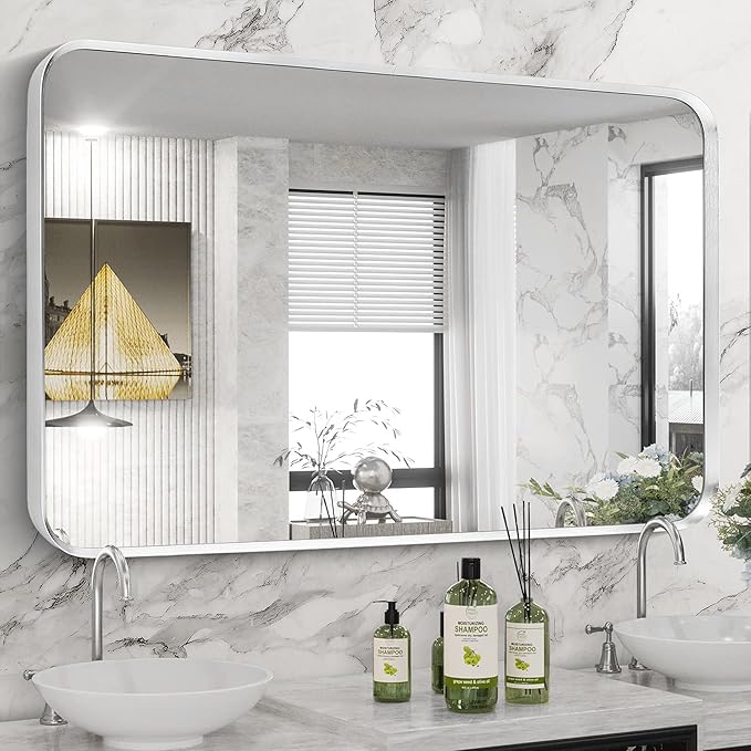 Brushed Nickel Bathroom Wall Mirror, Silver Metal Framed Large Rounded Corner Rectangle Mirror, Tempered Glass, Shatter Proof, Hangs Horizontally or Vertically (30" x 48", Silver)