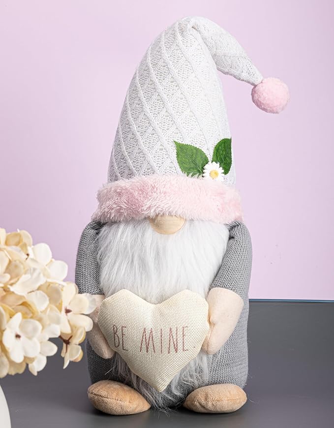 Rae Dunn Be Mine Valentine Gnomes – Gray & Pink Plush Gnome with Heart – Valentine’s Day Gnome Decor – All Season Ornaments – Valentine Gifts