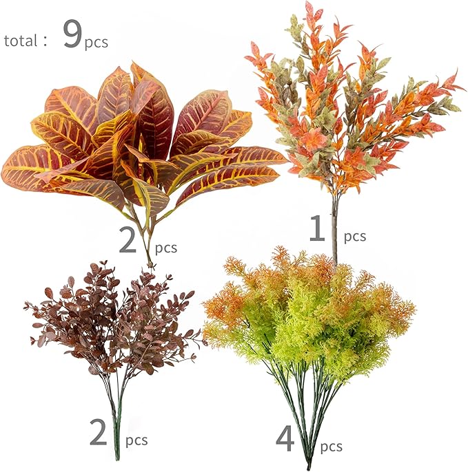 9pcs Fall Artificial Outdoor Branch with Seaweed Magnolia Leaves for Indoor Outside Hanging Plants Garden Porch Window Box Home Wedding Farmhouse Décor