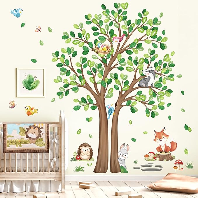 decalmile Woodland Animals Large Forest Tree Wall Decals Fox Rabbit Hedgehog Wall Stickers Baby Nursery Toddler Room Living Room Wall Decor