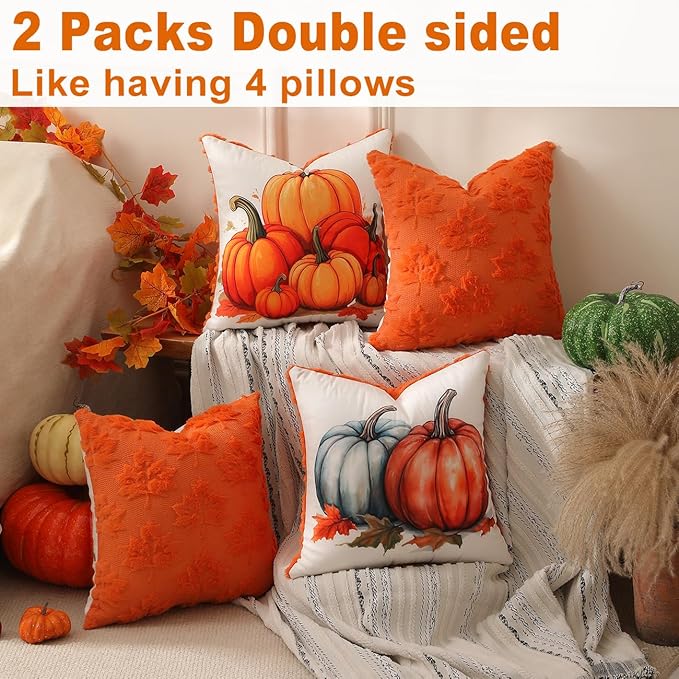 TOYPOPOR Fall Decorations 2 Packs Double Sided Throw Pillow Covers Orange Soft Faux Fur Maple Leaf Pillow Cases Autumn Harvest Thanksgiving Indoor Outdoor Home Decor for Living Room Porch Couch 20x20