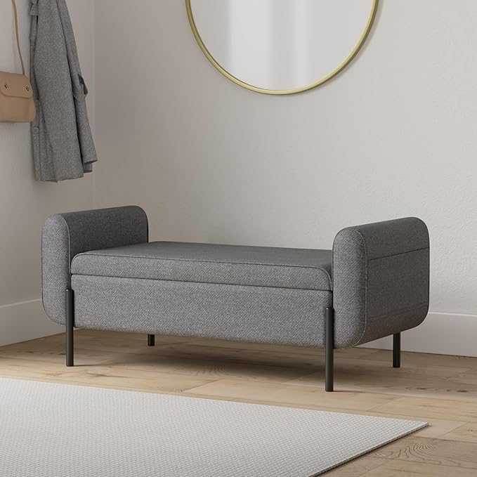 SONGMICS Storage Bench with Armrests, Ottoman for Living Room, Bedroom, Entryway, Steel Legs, Dark Gray ULOM072G01