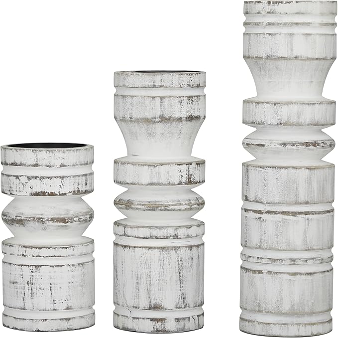 Deco 79 Wood Decorative Candle Holder Candle Stand, Set of 3 Candlestick Holder 14", 11", 8" H, White