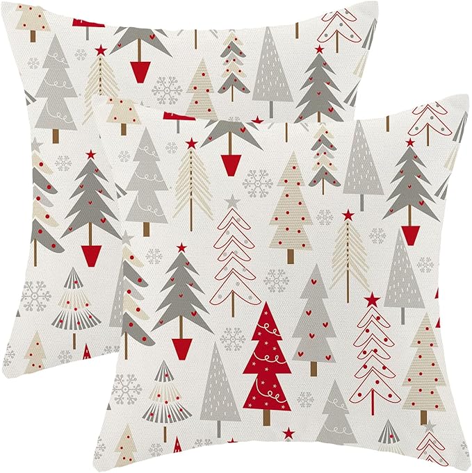 Christmas Pillow Covers 22 x 22 Inch, Colorful Red Grey Beige Christmas Tree Decor Throw Pillows for Home Couch Bed, Winter Xmas Snowflake Decorative Pillowcase Linen Cushion Cover Set of 2