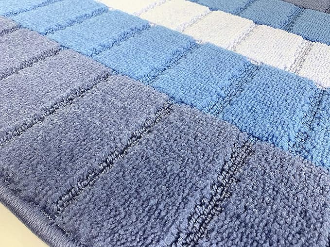 Custom Size Coastal Nautical Style Runner Rug Carpet for Hallway Entryway, Slip Resistant Latex Rubber Backed, 31 inch Wide X Customized Length, Squares Blue, 31 inch X 18 feet