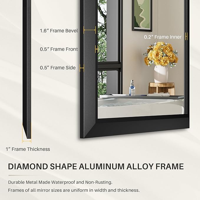 22x30 Inch Black Bathroom Mirror for Wall, Thick Metal Framed Rectangle Mirrors for Over Sink, Bedroom, Living Room, Entryway, Anti-Rust, HD Tempered Glass