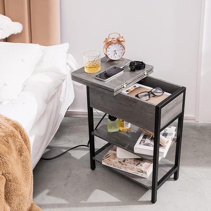 Yoobure End Table with Charging Station, Flip Top Side Table with USB Ports and Outlets, Sofa Couch Table Bedside Table for Living Room Bedroom, Narrow Nightstand with Storage Shelves for Small Space