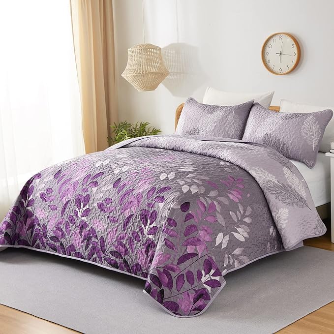 WONGS BEDDING Purple Floral Quilt Set King Size, 3 Pieces Botancal Leaves Bedspread Coverlet Set with 2 Pillowcases for All Season, Soft Microfiber Floral Bedding Set 104"×90"