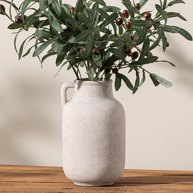 Ceramic Flower Vase Home Decor - 9.7 inch Large White Rustic Table Flowers Vases Living Room Bedroom Plant Decoration Farmhouse Vintage for Kitchen Shelf Office Coffee Dining Desk House Women
