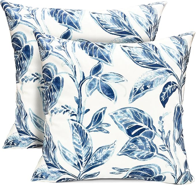 Decorative Throw Pillow Covers Set of 2 Blue Leaves Pillow Covers 20x20 inch Super Soft Short Plush Square Floral Throw Pillows,Farmhouse Outdoor Pillow Covers for Couch Bed Living Room