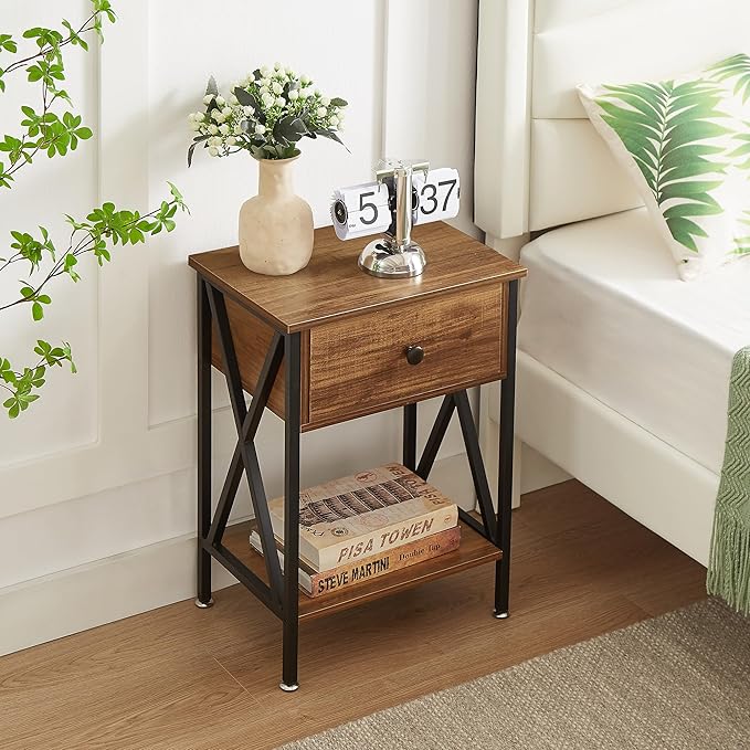 VECELO Nightstands Set of 2, Modern Bedside End Tables, Night Stands with Drawer and Storage Shelf for Living Room Bedroom, Industrial Metal Frame