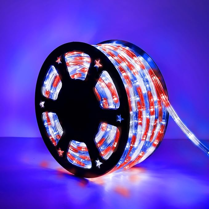 150ft LED Rope Lights Outdoor, 1080 LED Flexible Tube Lights with 8 Modes, Waterproof LED Rope Lighting for Independence Flag Day, Memorial Day, National Day, Outdoor,Indoor Decor (Red & White & Blue)