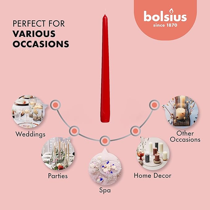 BOLSIUS Red Taper Candles - 4 Pack Unscented 10 Inch Dinner Candle Set - 8 Hours Burn Time - Premium European Quality - Smokeless and Dripless Household, Wedding, Party, and Home Decor Candlesticks