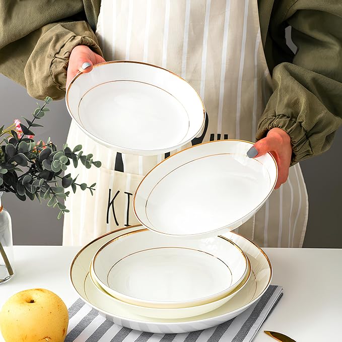 8 Inch Ceramic Dinner Plate with Gold Rim, Elegant White Porcelain Dinnerware for Pasta, Salad, Dessert, Dishwasher Safe, Wedding & Party Tableware - Set of 2