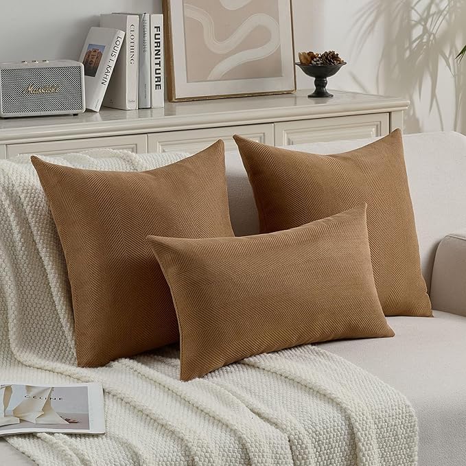 FUTEI Rust Chenille Throw Pillow Covers 22x22 Inch Set of 2,Soft Wide Chevron Textured Cushion Case,Farmhouse Home Decor for Couch Living Room