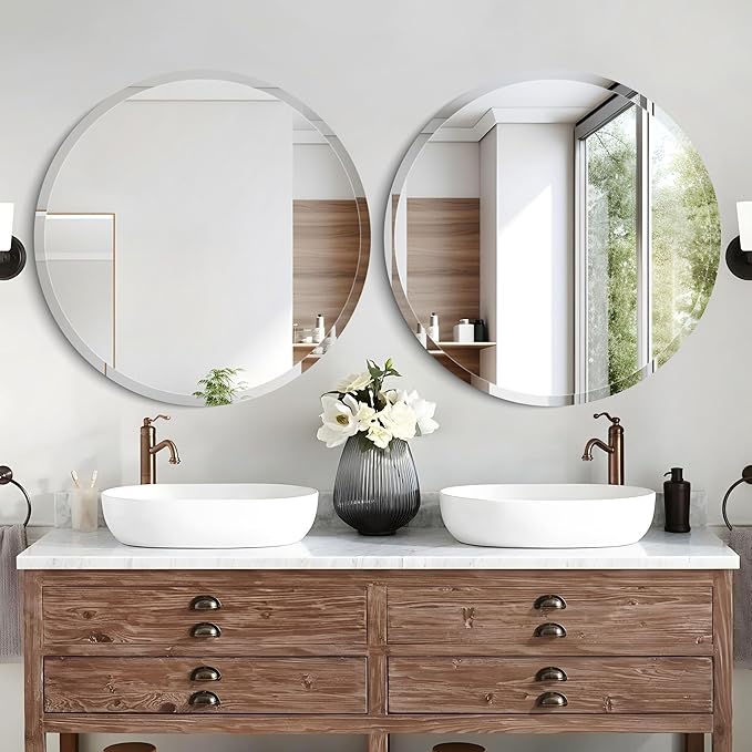 36" Frameless Beveled Round Mirror with 1" Edge for Bathroom, Entryways, Vanity, Wall Decor