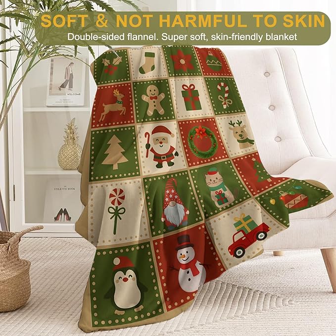 Christmas Decorative Blanket, Cute Santa and Reindeer Cat and Tree Print Throw Decoration, Soft Flannel Winter Blankets for Couch Bed Sofa, Holiday Home Decor, Xmas Festival Gifts 50x60 Inch