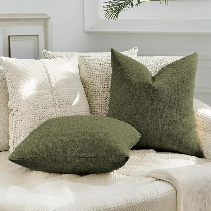 HAUSSY Moss Green Throw Pillow Covers 12x20 Inch Set of 2,Boho Decorative Faux Linen Lumber Throw Pillows Cozy Farmhouse Accent Cushion Covers,Home Decor for Couch Sofa Bed Living Room