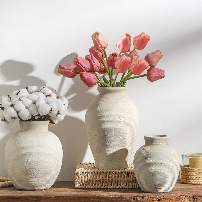Ceramic Flower Vase Home Decor - Large Farmhouse Table Vases Rustic Vintage Living Room Kitchen Bedroom Decorations for House Book Shelf Office Coffee Desk Dining Fireplace (9" Rustic)