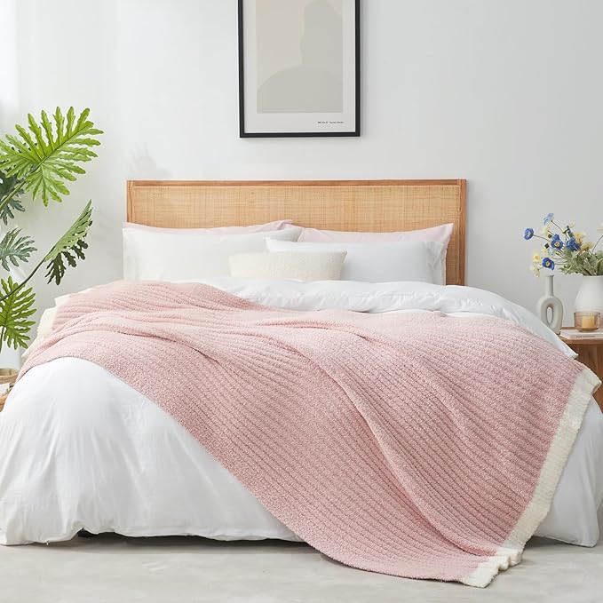 Snuggle Sac Pink Throw Blanket for Couch, Soft Cozy Ribbed Fluffy Blankets for Women, Warm Microfiber Knit Cute Throws for Girls Daughter Women Gifts for Mom, Pink, 50x60 inches